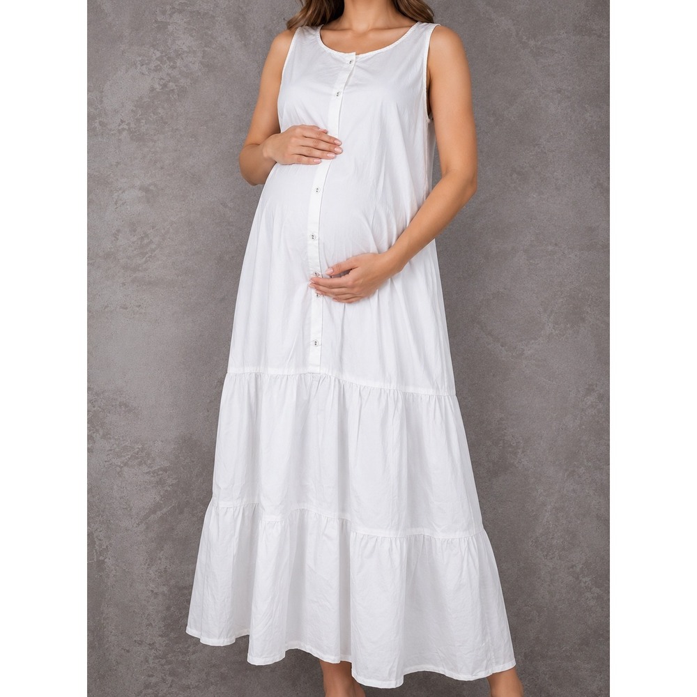 Hatch Maternity Maxi Dress Womens 2 White Button Front Tiered Summer Sleeveless